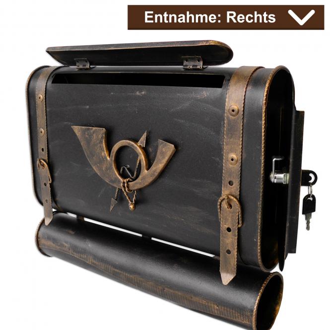 Briefkasten alter Koffer mit Posthorn im Antik-Look - Schwarz-Gold - Rechts